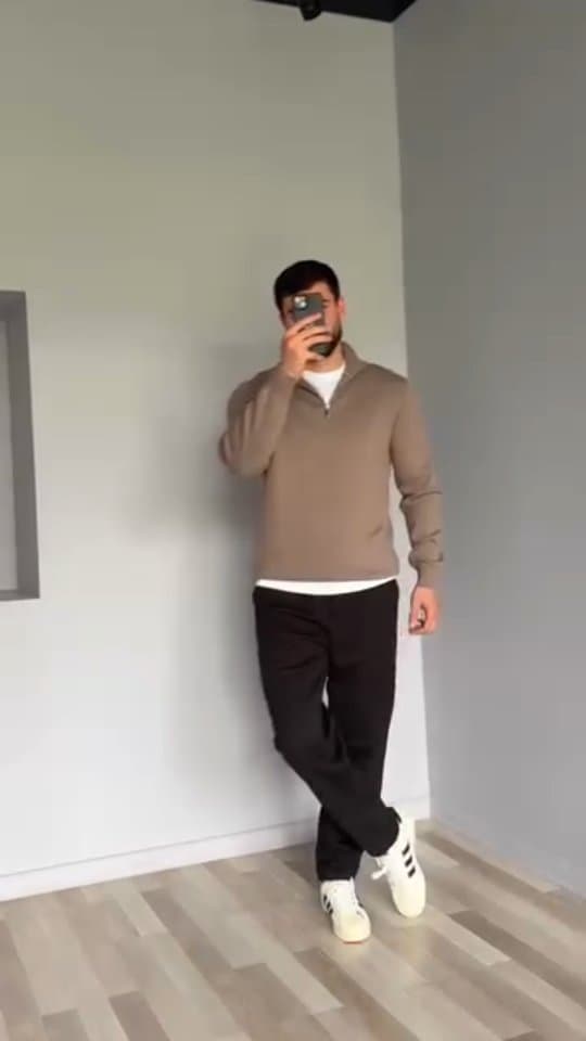 Tan Quarter Zip and Black Pants Outfit for Men: The Clean Casual Formula