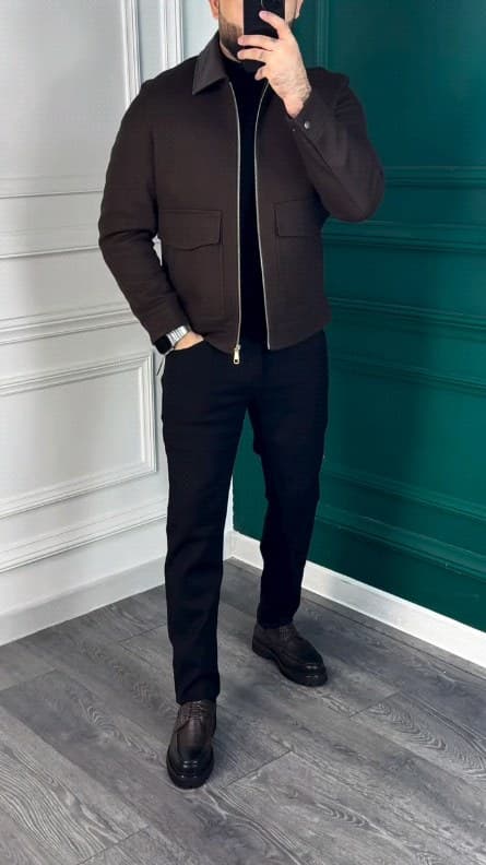 Dark Brown Zip Jacket and Black Pants Outfit for Men: The Clean Smart Casual Formula