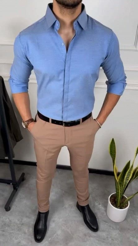 Blue Shirt and Beige Pants Outfit for Men: The Clean Smart Casual Formula