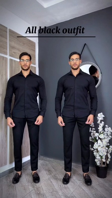 Man wearing an all black shirt, black trousers and black loafers in two outfit variations