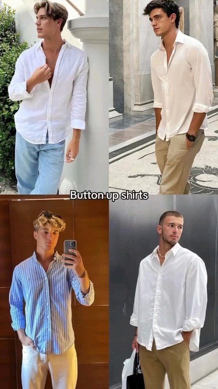 Four men's outfit examples built around white button-up shirts with jeans and neutral trousers