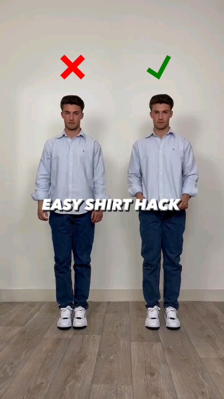 Side-by-side comparison of a light blue shirt worn loose and untucked versus the same shirt being gathered and tucked at the waist over dark jeans
