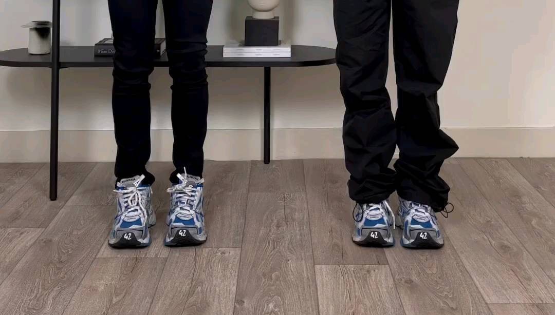 Close comparison of two pairs of legs, one with a tight hem stopping above the sneaker and one with relaxed fabric draping over it
