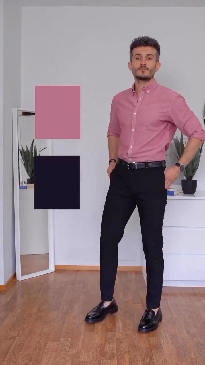 Man wearing a dusty pink button-down shirt tucked into slim black trousers with black loafers, shown with pink and black colour swatches