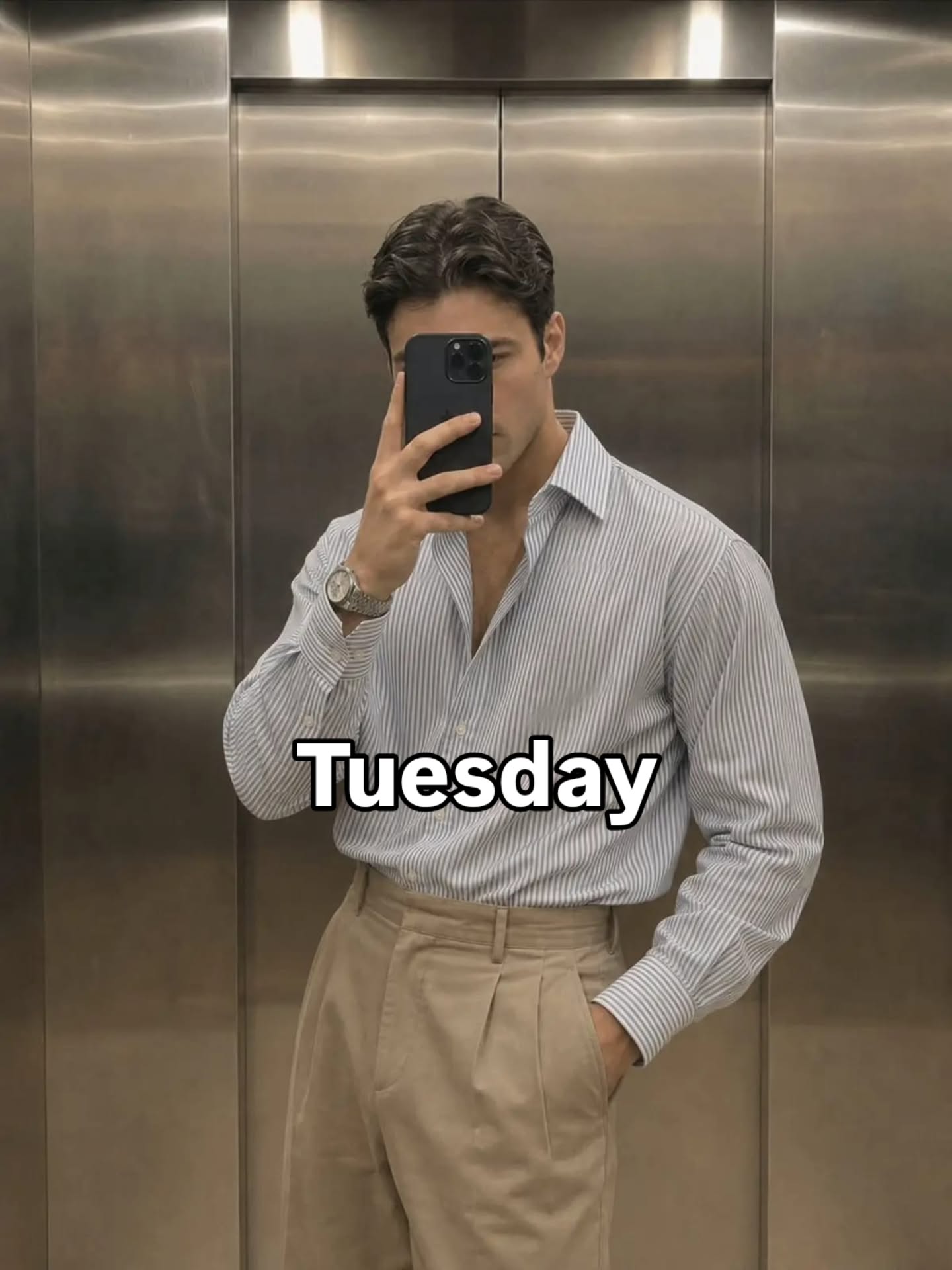 Fine vertical striped shirt tucked into light beige high-waisted pleated trousers with a tan belt