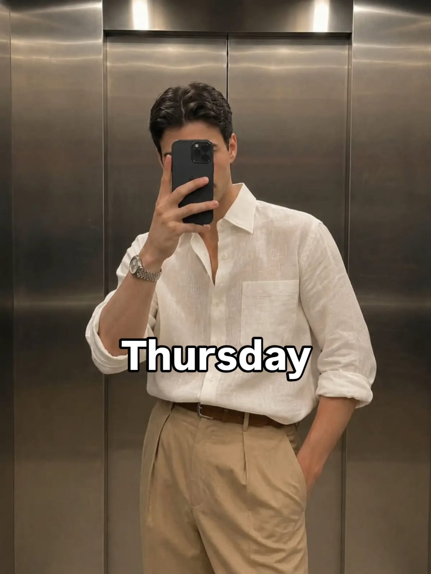 Off-white linen shirt with rolled sleeves tucked into tan high-waisted pleated trousers with a brown belt