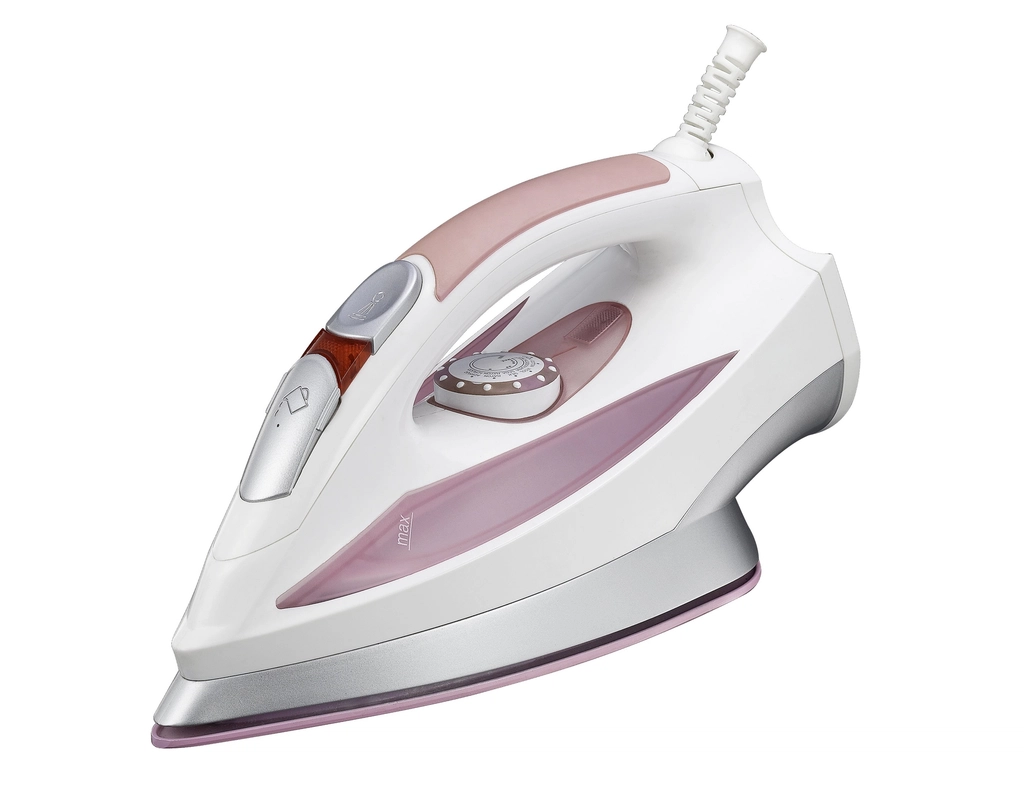 Modern steam iron with visible steam vents, temperature dial, and water tank