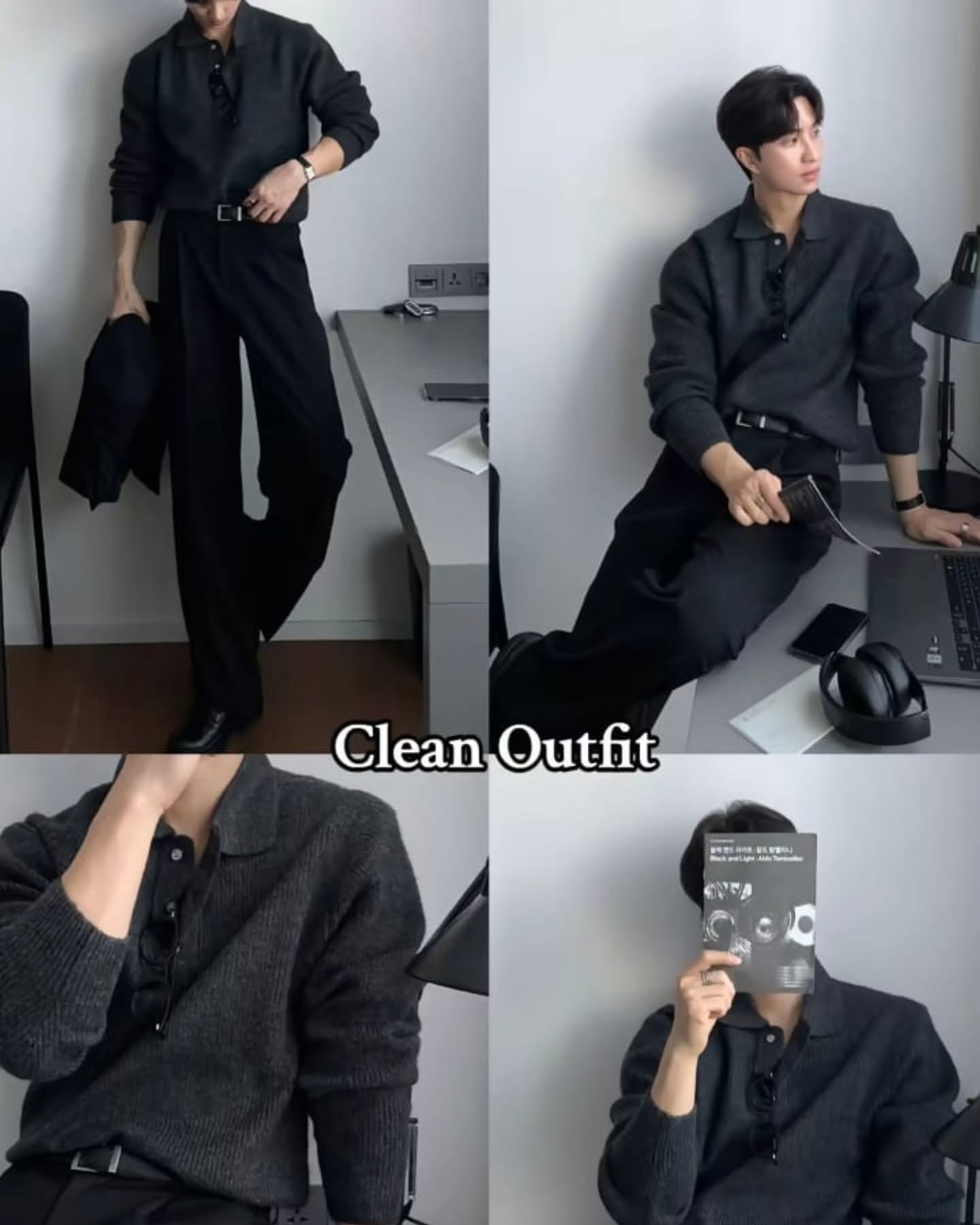 Dark knit polo with black wide trousers