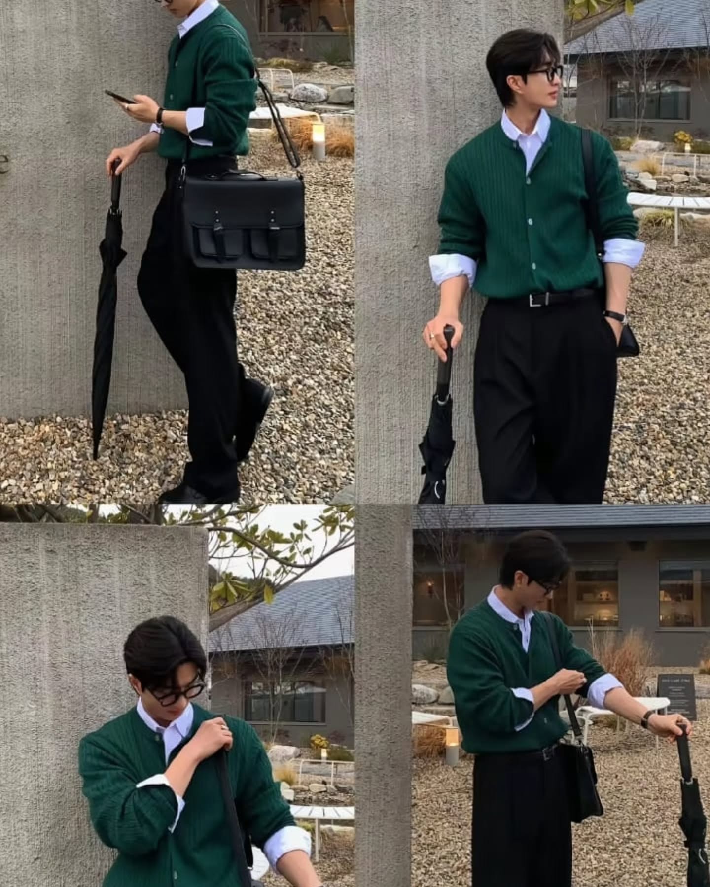 Green cardigan with white shirt and black trousers