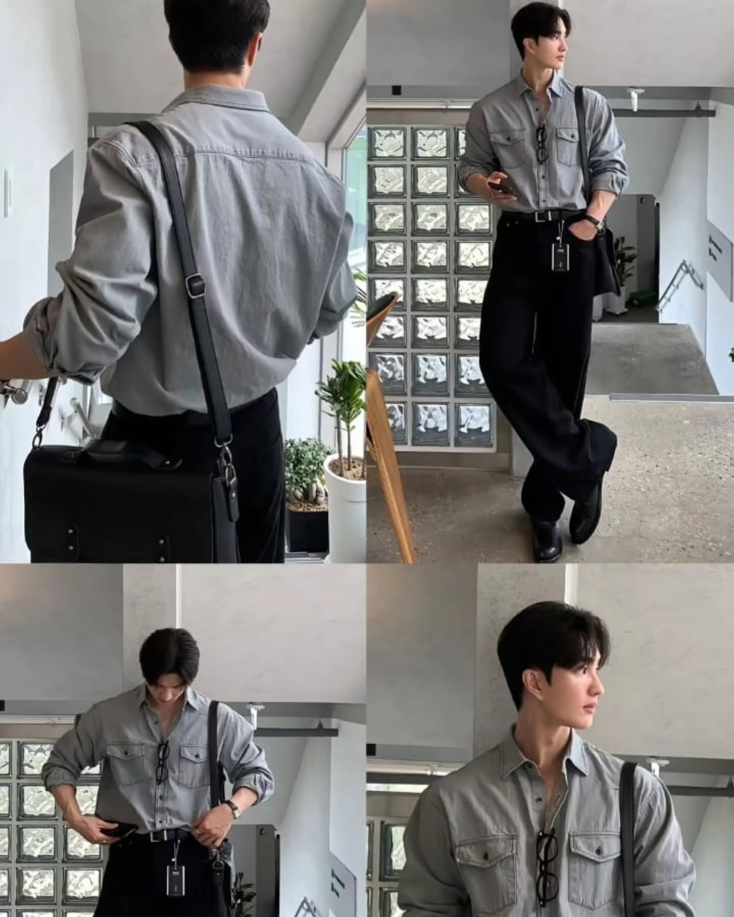 Grey shirt with black wide trousers