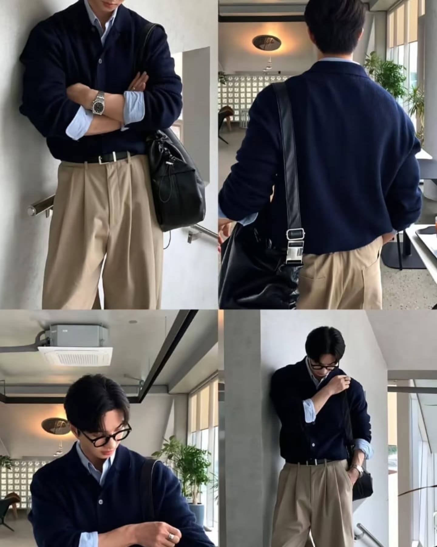Navy cardigan with beige pleated trousers