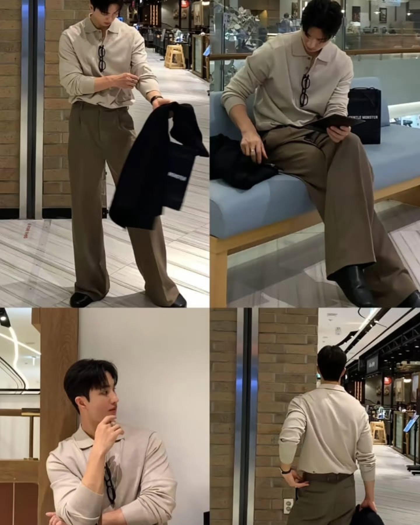 Cream polo with olive wide trousers