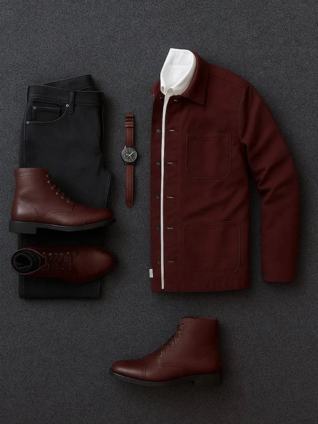 Burgundy winter jacket, black jeans and burgundy boots flat lay