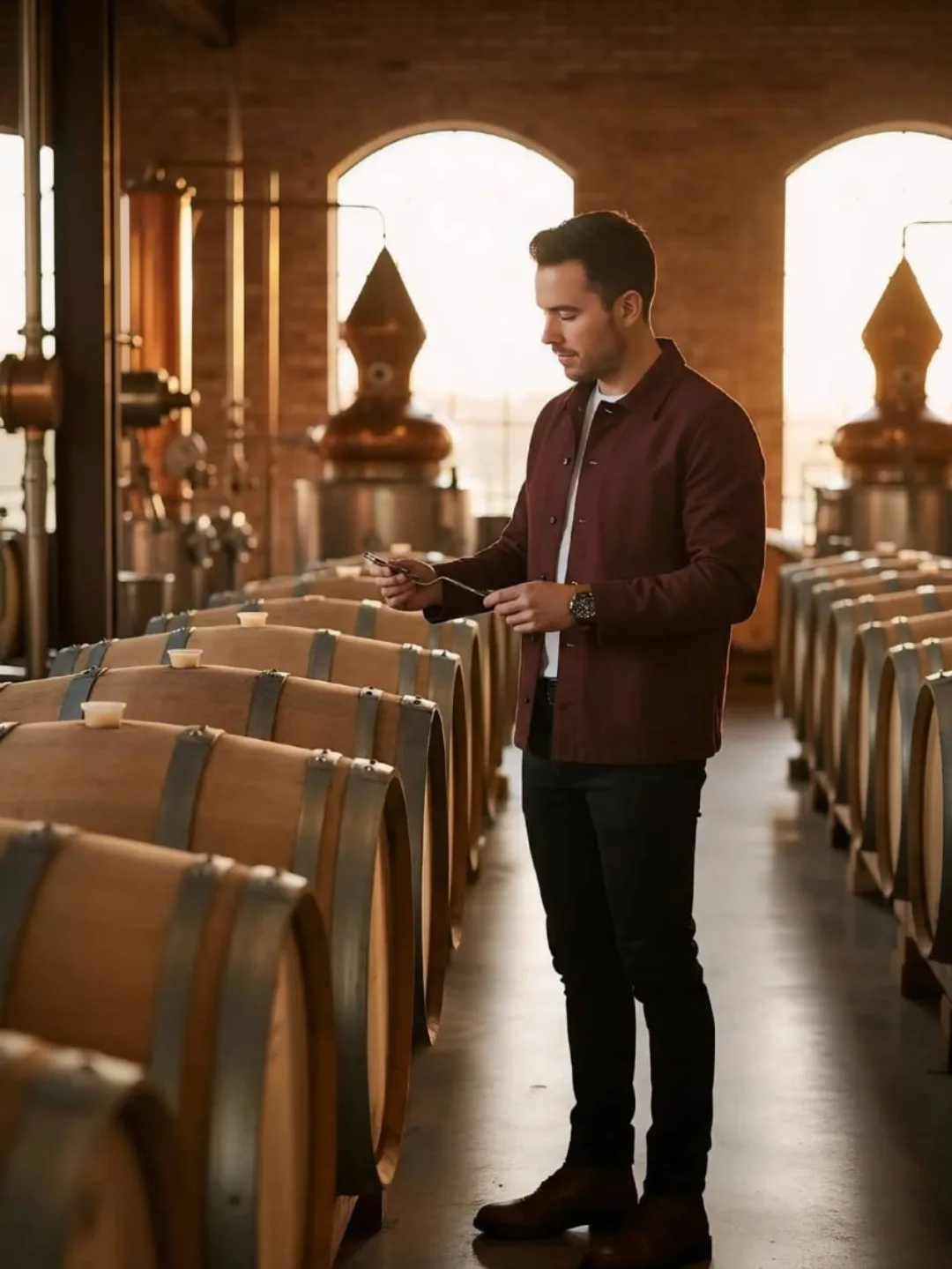 Burgundy jacket worn with dark trousers and boots