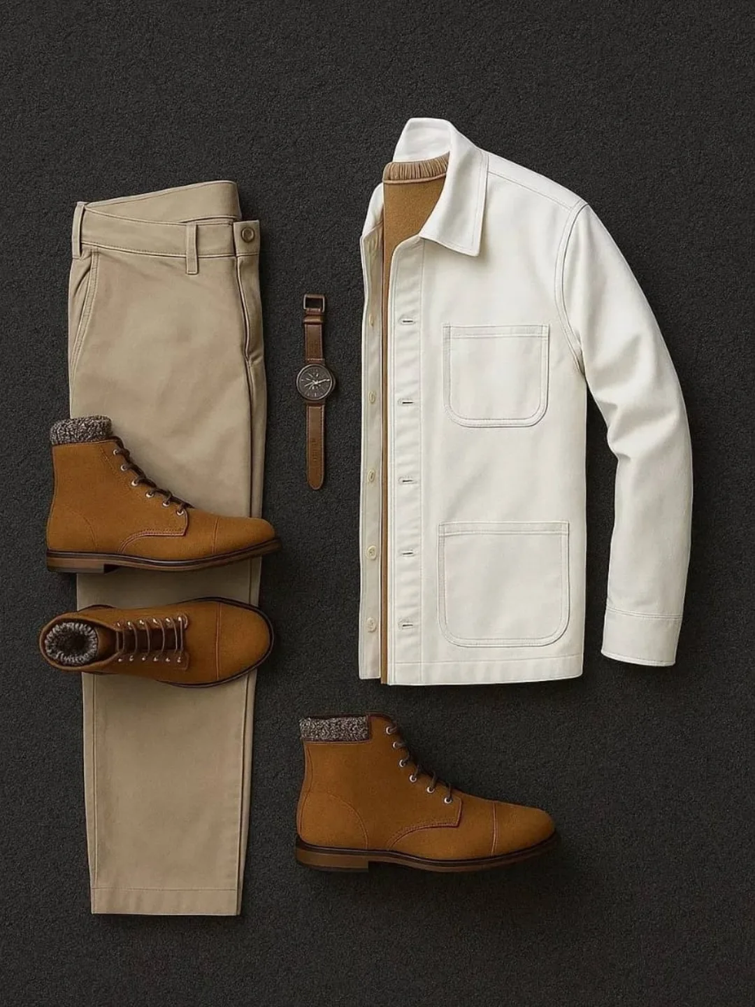 Cream jacket, beige trousers and tan boots flat lay