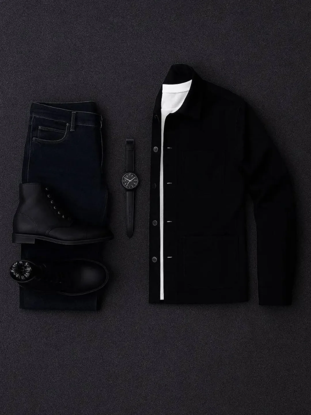 Black jacket, dark denim and black boots flat lay