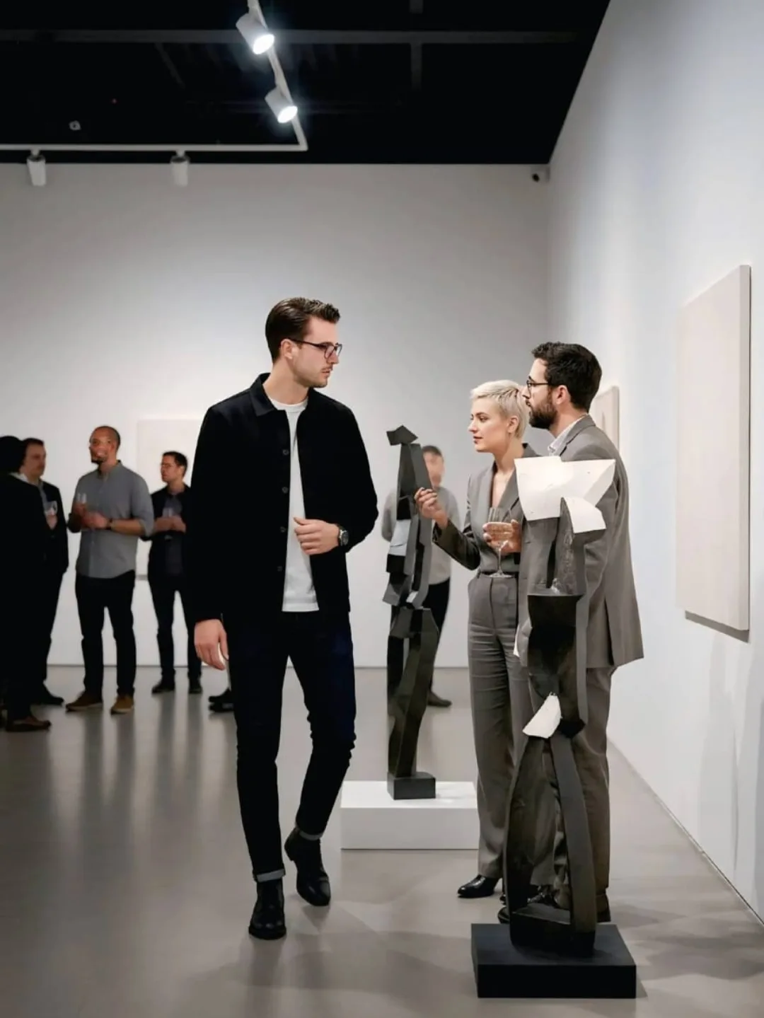 Black jacket with white tee and dark jeans at a gallery