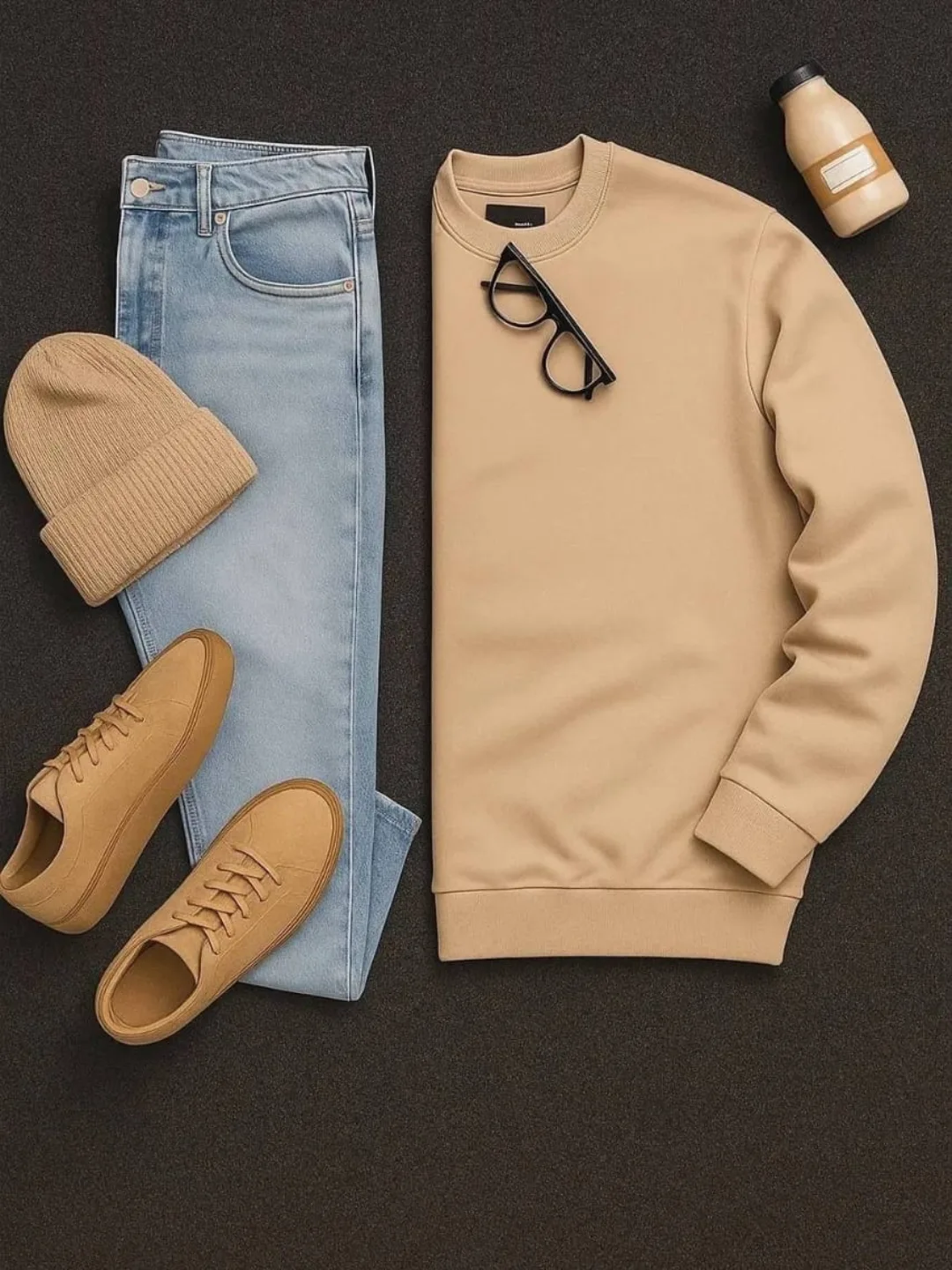 Beige sweatshirt, light jeans, beanie and tan sneakers flat lay