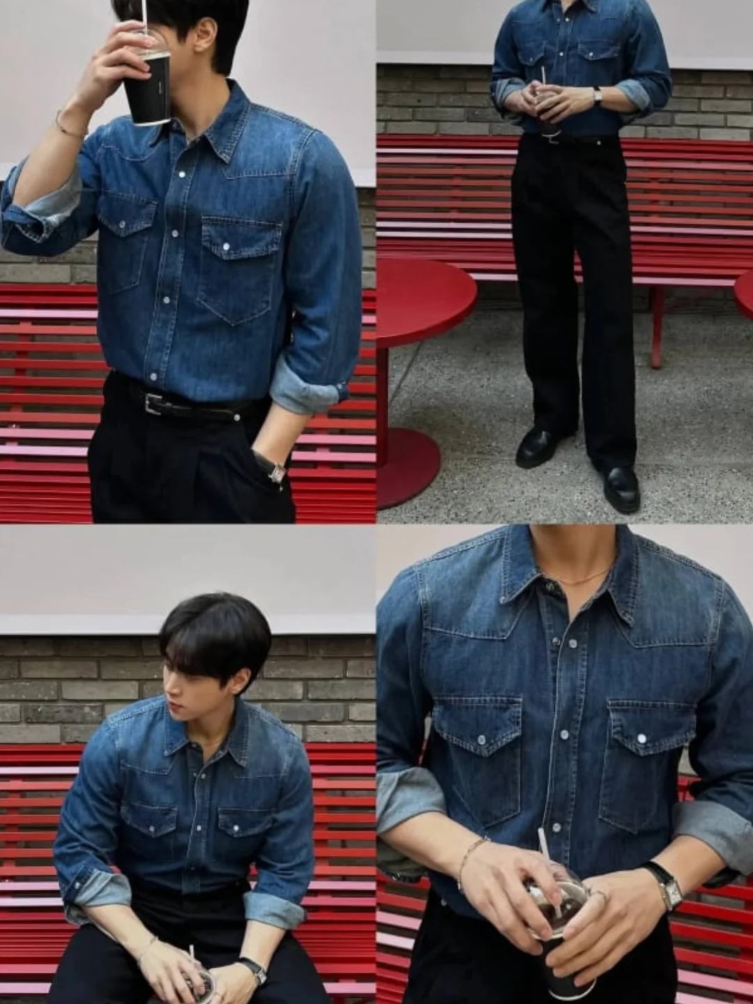 Dark denim shirt with black trousers