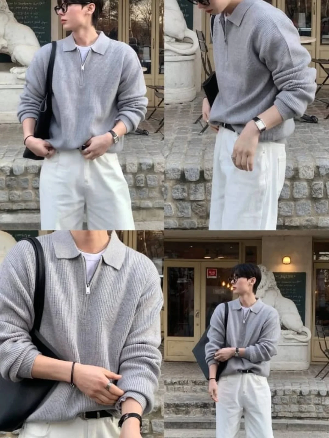 Grey knit with white relaxed bottoms