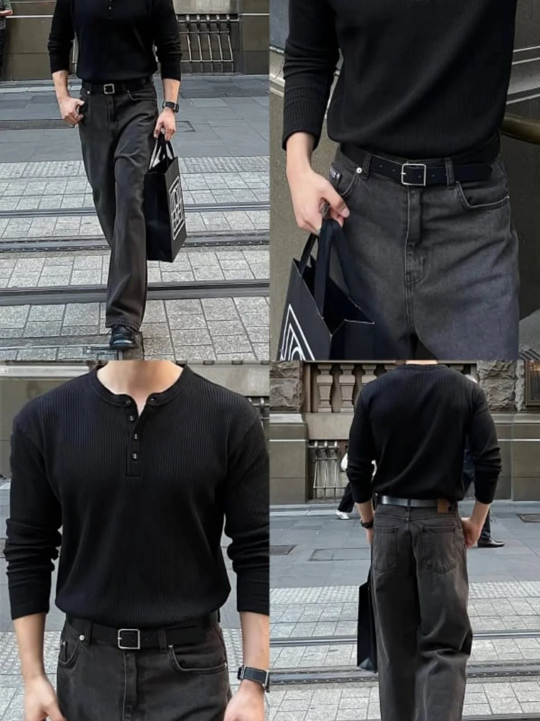 Black knit top with charcoal loose trousers