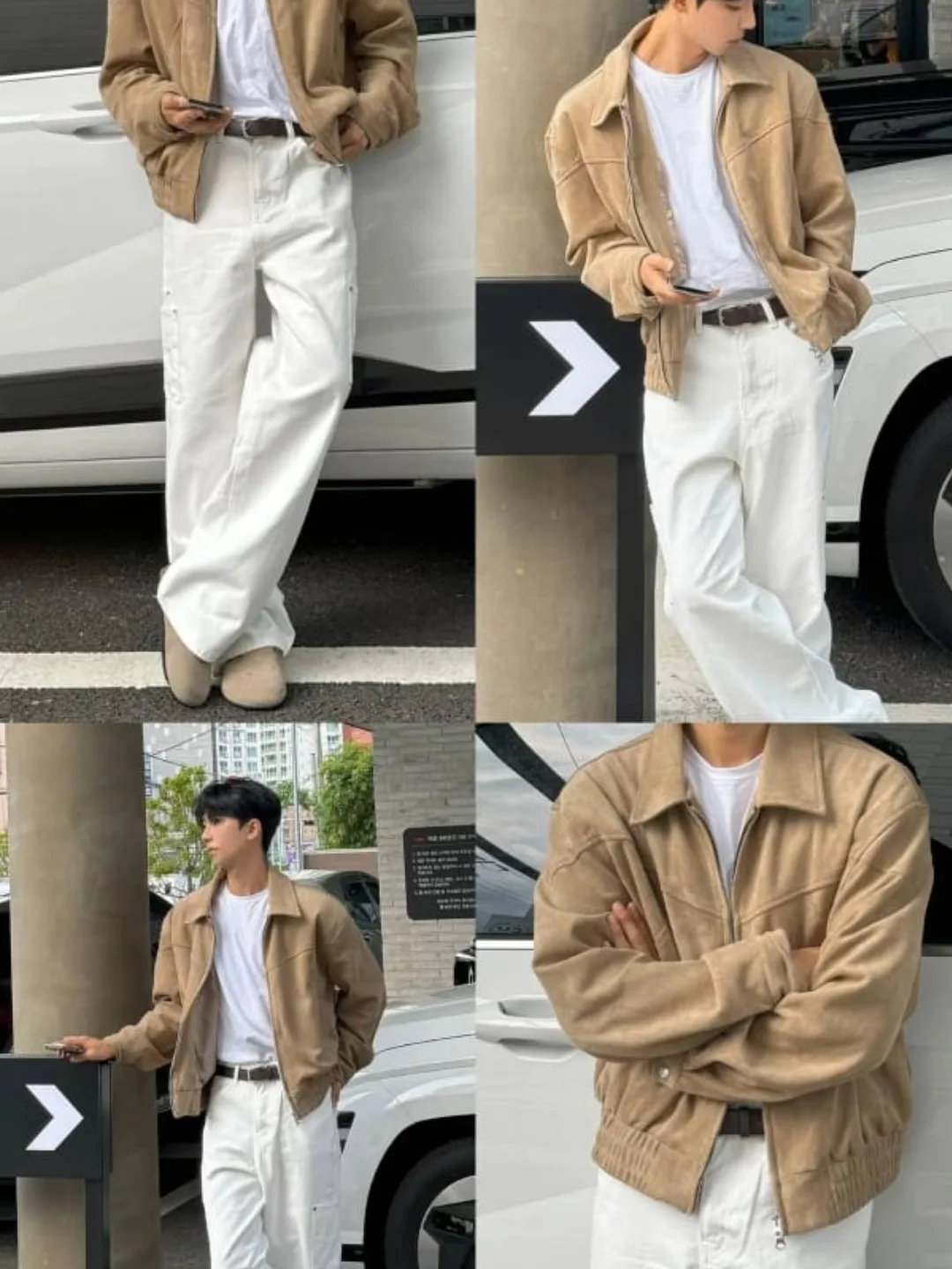 Camel overshirt with white trousers