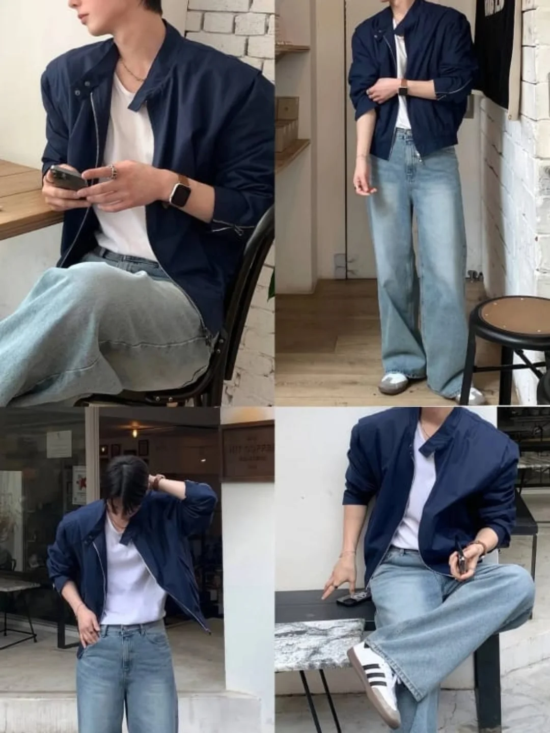 Navy open layer with white tee and light relaxed jeans