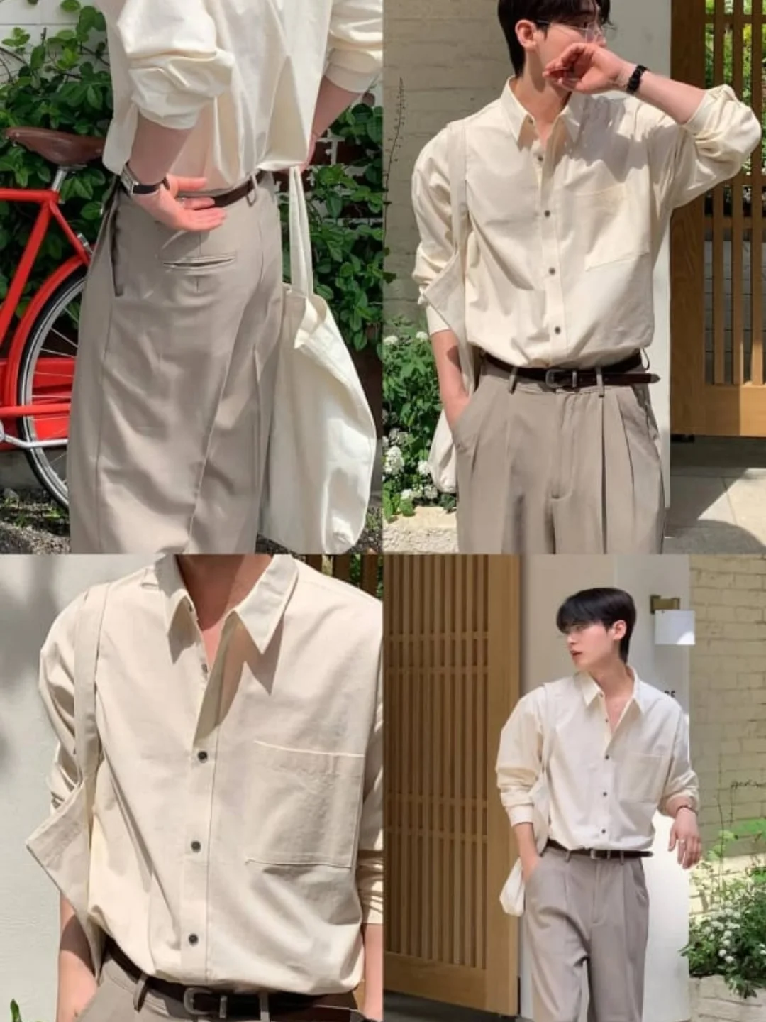 White shirt with pleated grey trousers and black belt