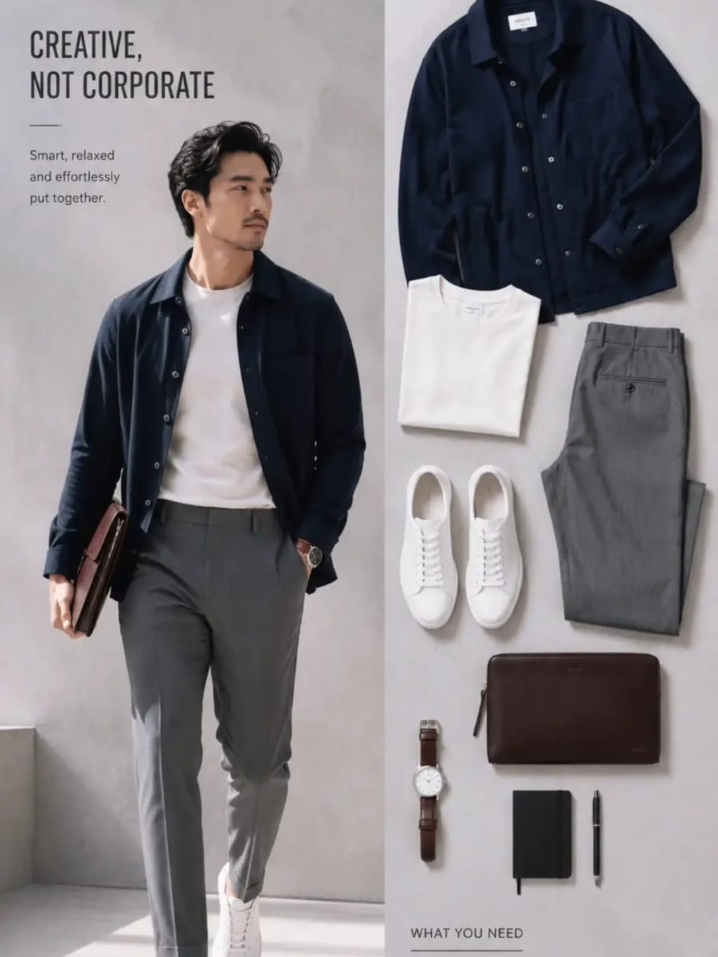 Navy overshirt, white T-shirt, grey trousers, white sneakers and brown accessories