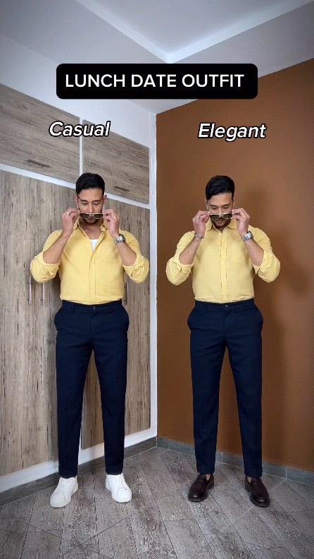 Men's lunch date outfit comparison with a yellow shirt, navy trousers, white sneakers and brown leather shoes